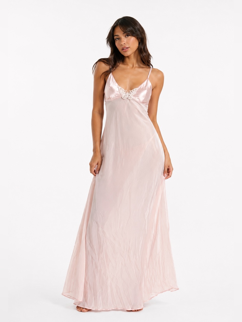 70s 80s European Vintage Butterfly Embroidery Maxi Slip Dress (Baby Pink) M/L